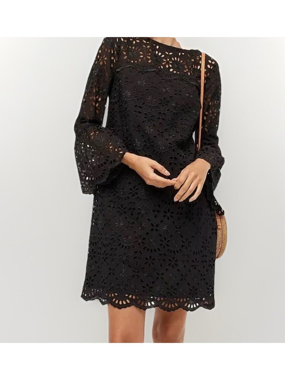 NWT J Crew Black Embroidered Shift Dress Sz 4 Eyelet Bell Sleeve Scalloped Lined - Picture 1 of 11